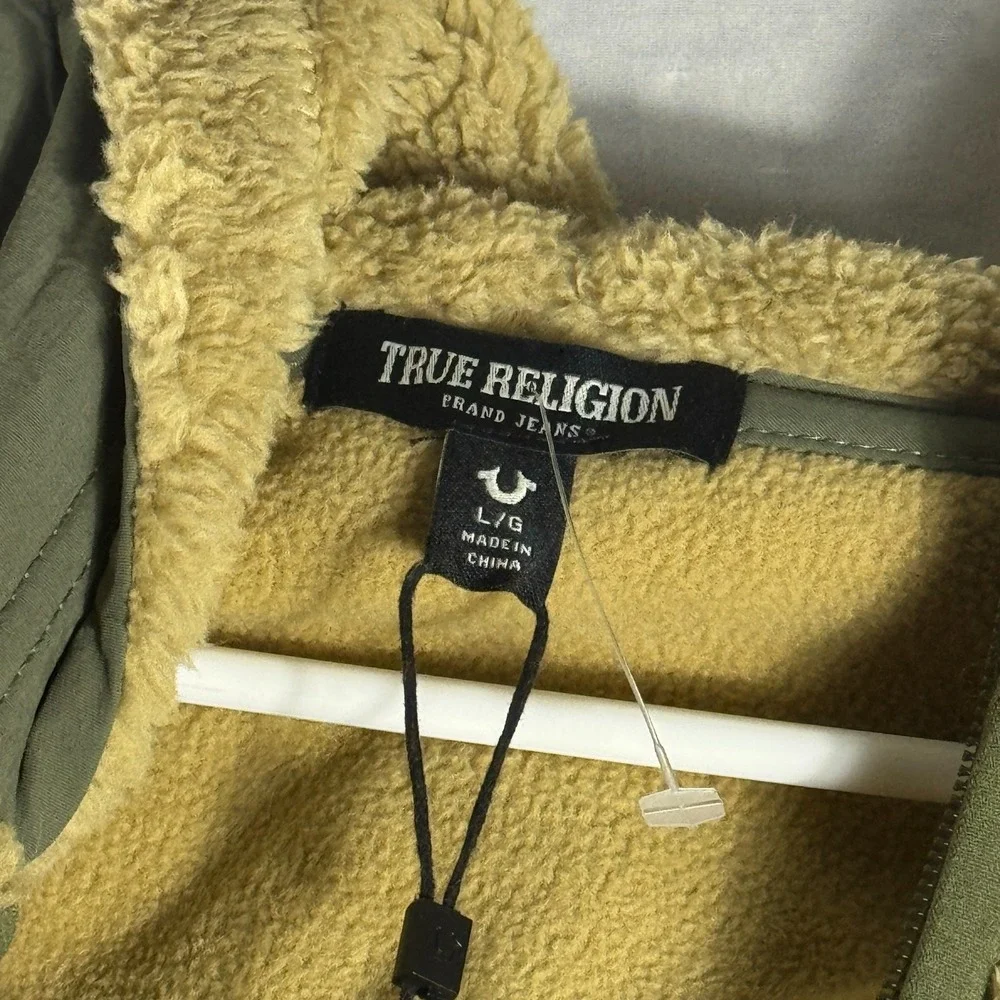 NWT‎ True Religion Mens Contrast Sherpa Hooded Jacket Beige Soft Cozy Winter L